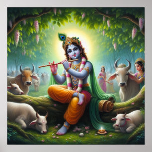 Poster Krishna jouant de la flûte sous l'arbre Kadamba