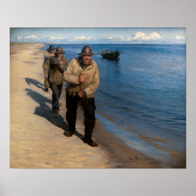 Poster Kroyer - Trois pêcheurs tirant un bateau (Devant)