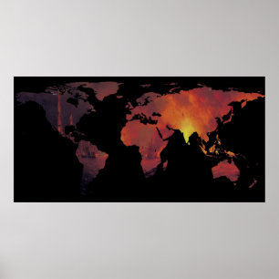 Poster La carte du monde Silhouette - Le monde est en feu