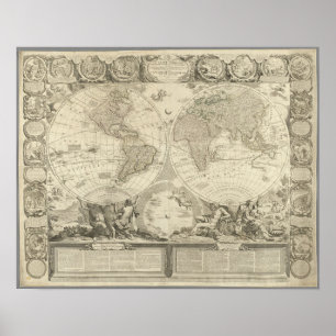 Poster La carte du monde Vintage du globe terrestre, 1767