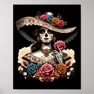 Poster La Catrina crâne coloré mexicain Dia De Los hommes
