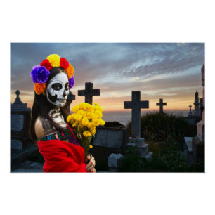 Poster La Catrina dans le cimetière pour Halloween
