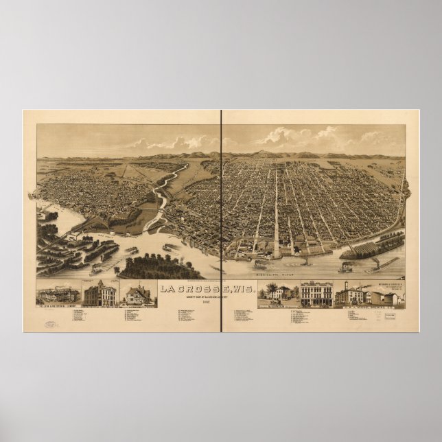 Poster La Crosse WI 1887 Carte panoramique antique (Devant)