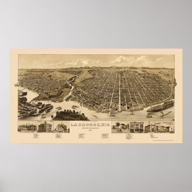 Poster La Crosse, WI Carte Panoramique -1887 (Devant)
