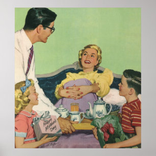 Poster La famille rétro sert à maman le petit-déjeuner au
