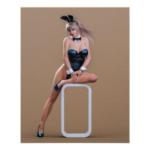 Poster La fille lapin de Pâques assise sur un cube rond