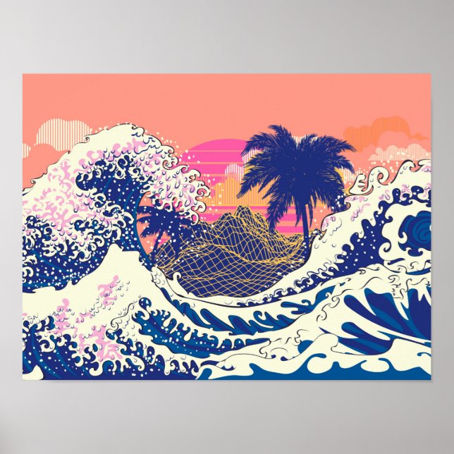 Poster La grande vague de kanagawa et de palmiers (Devant)
