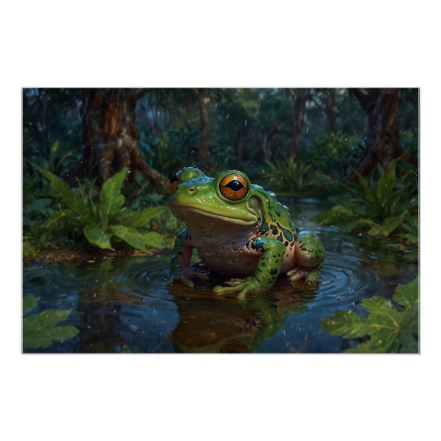 Poster La grenouille des arbres dans un étang paysage fau (Devant)