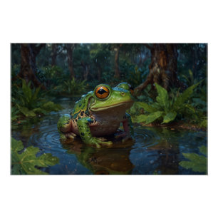 Poster La grenouille des arbres dans un étang paysage fau