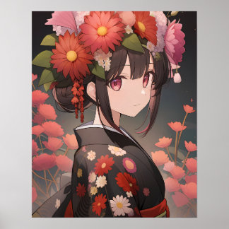 Poster La jeune fille dans le kimono fleuri