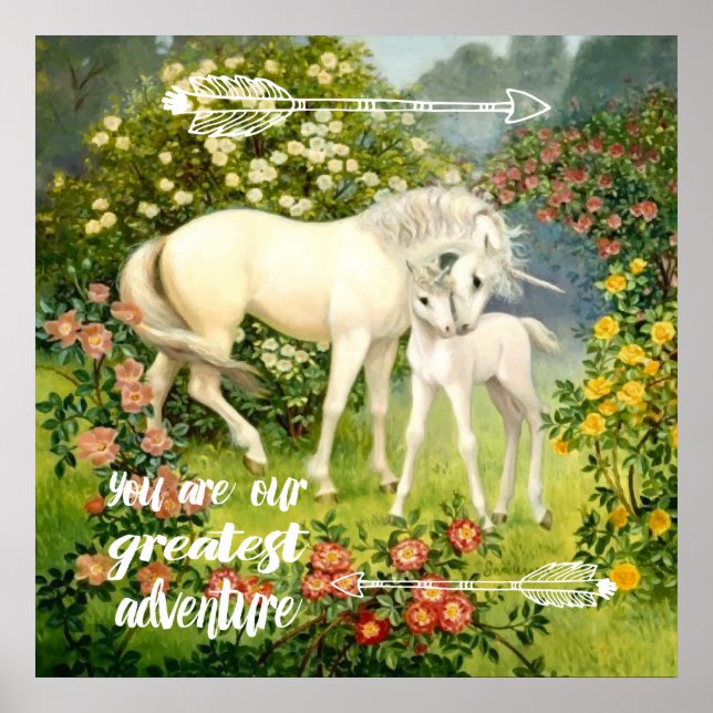 Poster La licorne mère et bébé parmi les fleurs au printe (Devant)
