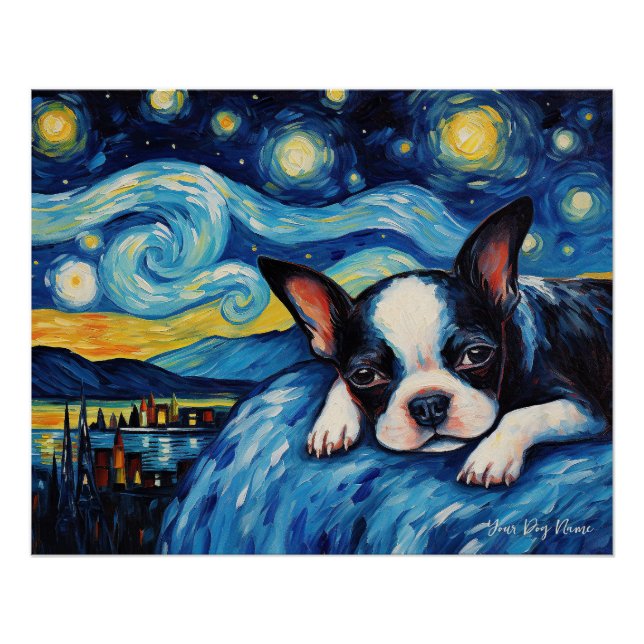 Poster La nuit étoilée - Boston Terrier Dog 003 - Qian w (Devant)