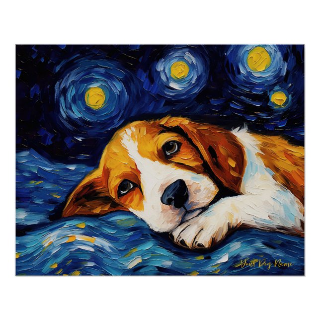 Poster La nuit étoilée - Chien Beagle 001 - Qian wan Gogh (Devant)
