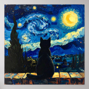 Poster La nuit étoilée de Van Gogh avec chat noir