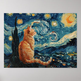 Poster La nuit étoilée Vincent van Gogh avec chat