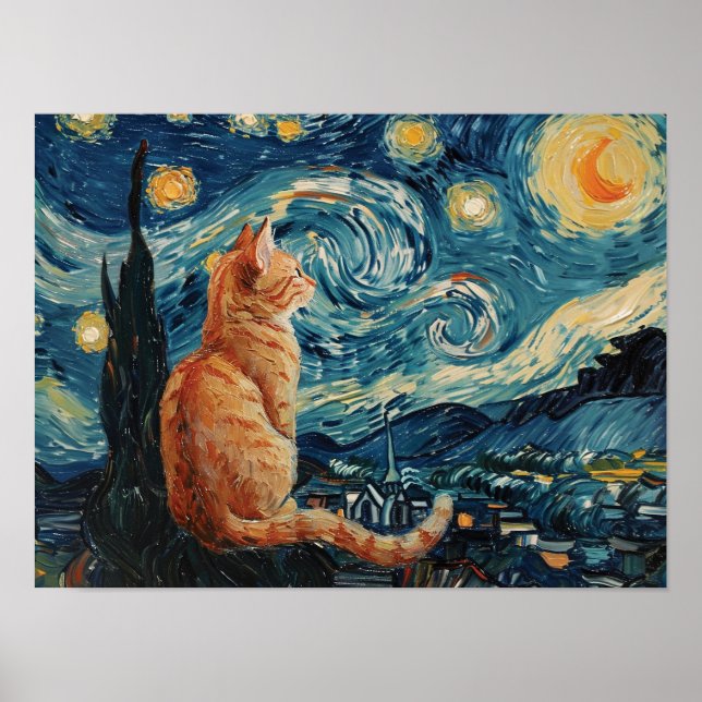 Poster La nuit étoilée Vincent van Gogh avec chat (Devant)