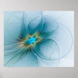 Poster La petite fleur fractale moderne bleu or Beauty