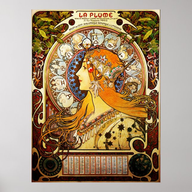 Poster LA PLUME ZODIAC par Alphonse Mucha Art Nouveau (Devant)