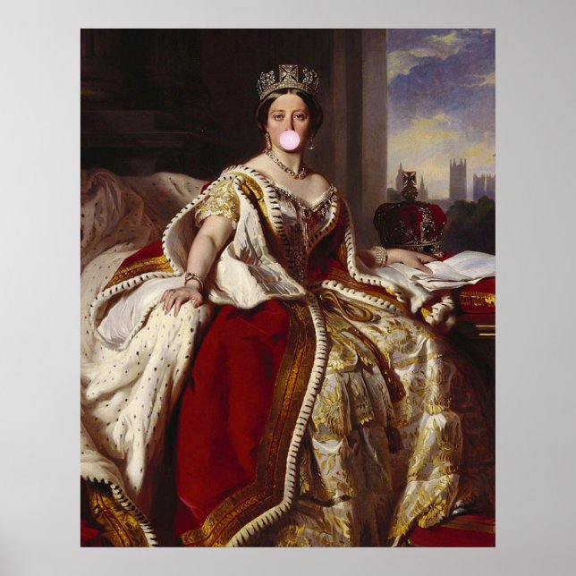 Poster La reine Victoria souffle une gomme à bulle rose (Devant)