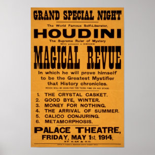 Poster La Revue Magique de Houdini, 1914. Publicité Vinta