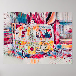 Poster La Route Hippie Du Camper Retro Vers La Liberté Du