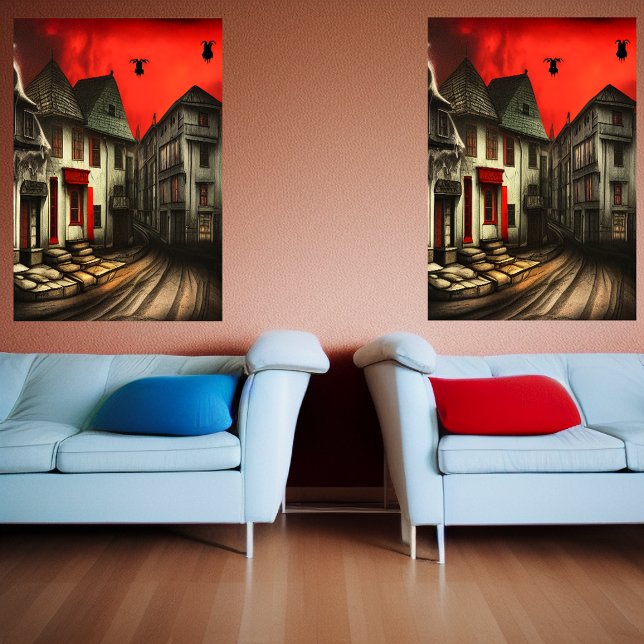 Poster La rue dans la ville et le ciel rouge | Art AI (Créateur téléchargé)