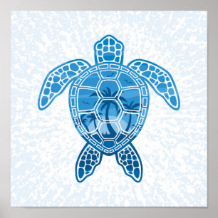 Poster La tortue de mer des îles tropicales en bleu