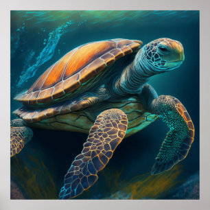 Poster La tortue de mer La baignade dans l'océan