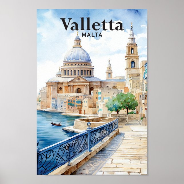 Poster La Valette Malte Aquarelle Peinture Voyage (Devant)