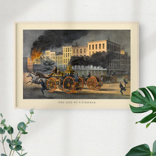 Poster La vie d'un pompier Vintage 1860s Lithograph