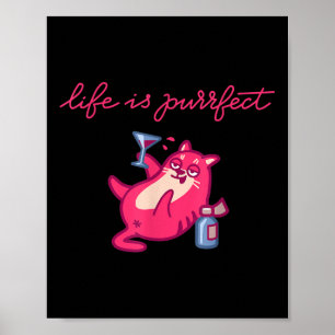 Poster La Vie Est Purifiée ! Happy Drunk Cat Party Wine T