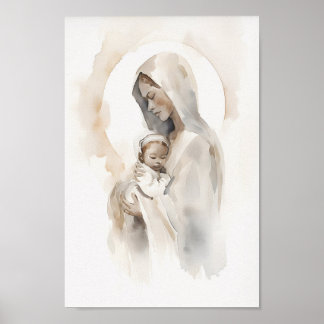 Poster La Vierge Marie et bébé Jésus Aquarelle Art Prin