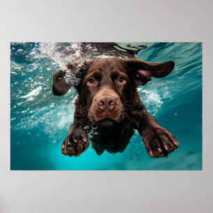 Poster Labrador chocolat joueur nageant sous l'eau