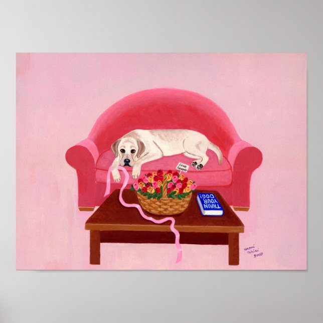 Poster Labrador jaune sur l'oeuvre de canapé rose (Devant)