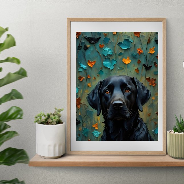 Poster Labrador noir en Feuille (Black Labrador in Leaves Poster print artwork from Ricaso. Stunning black lab retriever print)