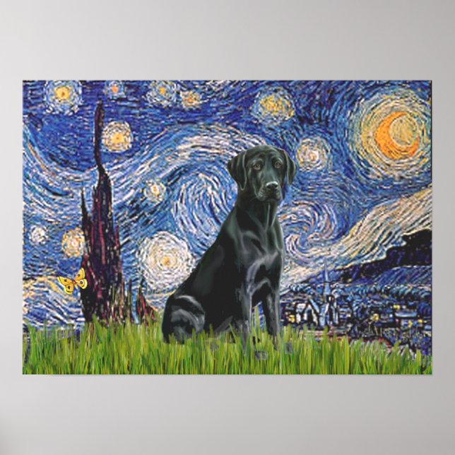 Poster Labrador (noir) - Nuit étoilée (Devant)