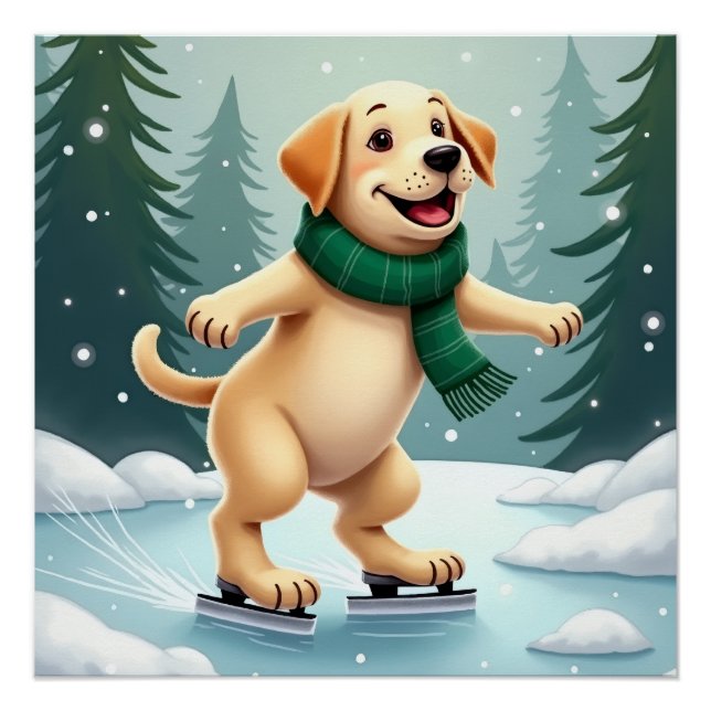 Poster Labrador Retriever Ice Skating Christmas Painting (Devant)