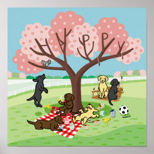 Poster Labradors et Happy Cherry Blossom