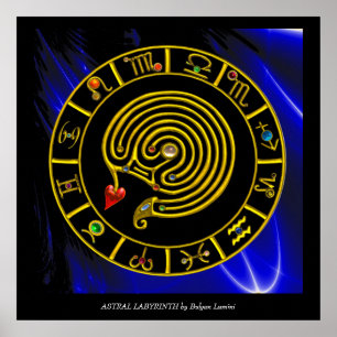 Poster LABYRINTHE ASTRAL CARTE DU ZODIAQUE OR Astrologie