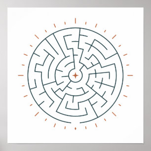 Poster Labyrinthe Solaire Soleil en Bleu-vert et Terracot