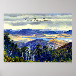 Poster Lac Biwa, Japon, peinture vintage paysage