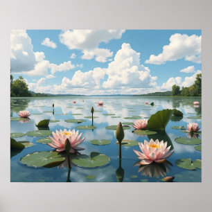 Poster Lac calme avec Fleurs Lys d'Eau et Ciel Nuageux