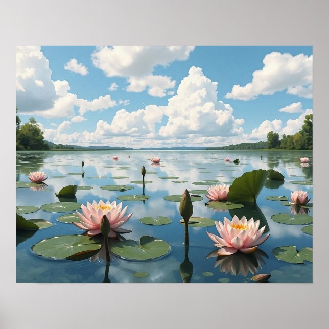Poster Lac calme avec Fleurs Lys d'Eau et Ciel Nuageux (Devant)