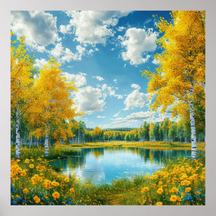 Poster Lac d'automne avec vue calme sur un arbre doré Nat