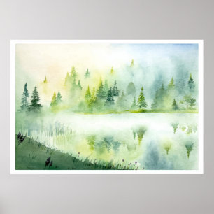 Poster Lac de brouillard aquarelle