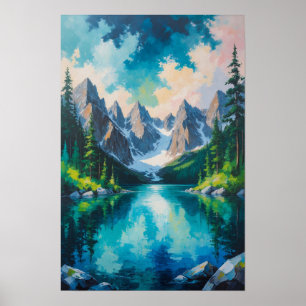 Poster Lac de montagne avec réflexion de forêt de pins Sc