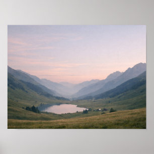 Poster Lac de vallée montagneuse sereine au coucher de so