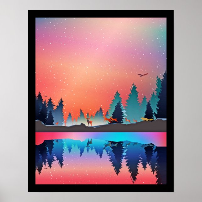 Poster Lac d'hiver pittoresque avec Cerf (Devant)