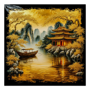 Poster Lac doré oriental avec une pagode