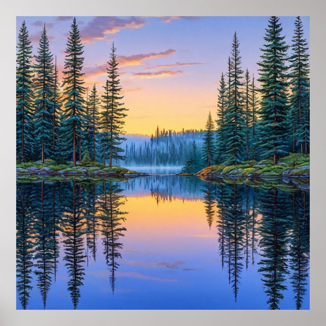 Poster Lac forestier paisible au coucher du soleil (Devant)